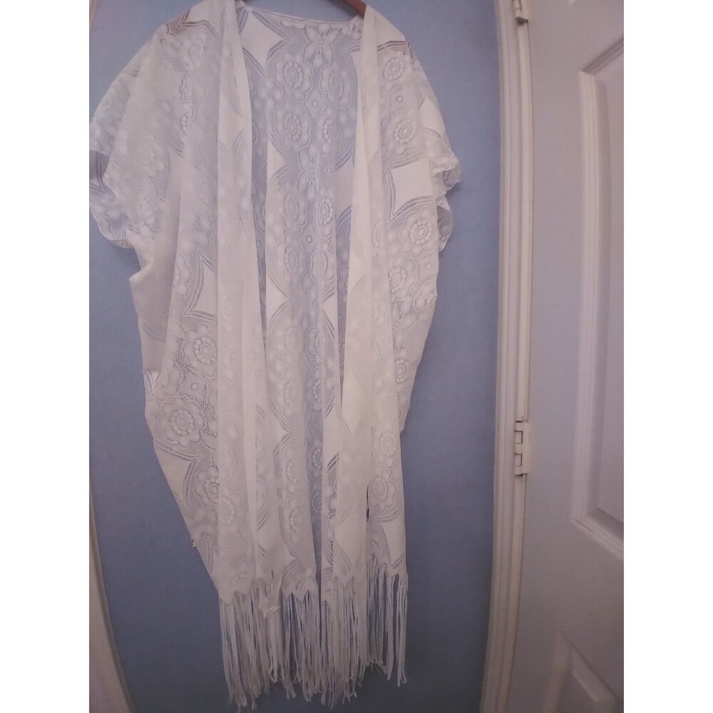 Lace Fringe‎ Kimono Cover Up Duster Open Front Cardigan Bohemian White